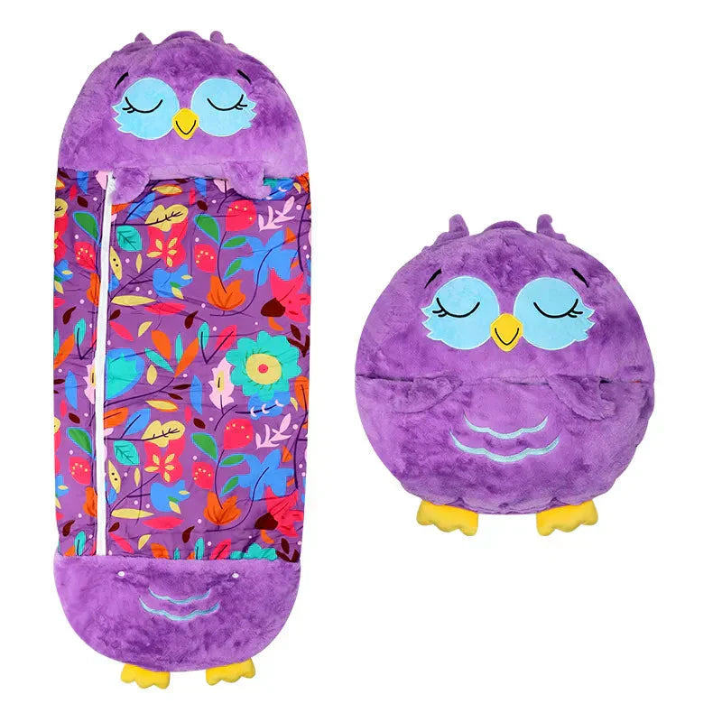 "Kids' SleepyBuddy 2-in-1 sleeping bag & plush toy in cat design, soft cozy polyester, perfect for sleepovers & play."