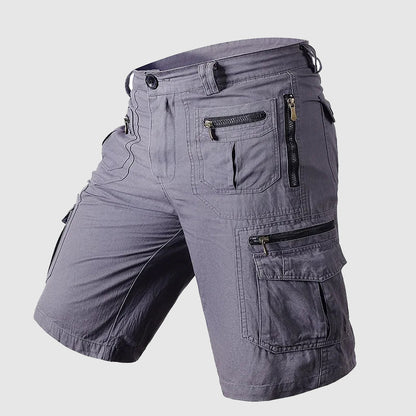 Knee-length men's durable cargo shorts with a rugged look and multiple pockets, ideal for outdoor and casual wear.
