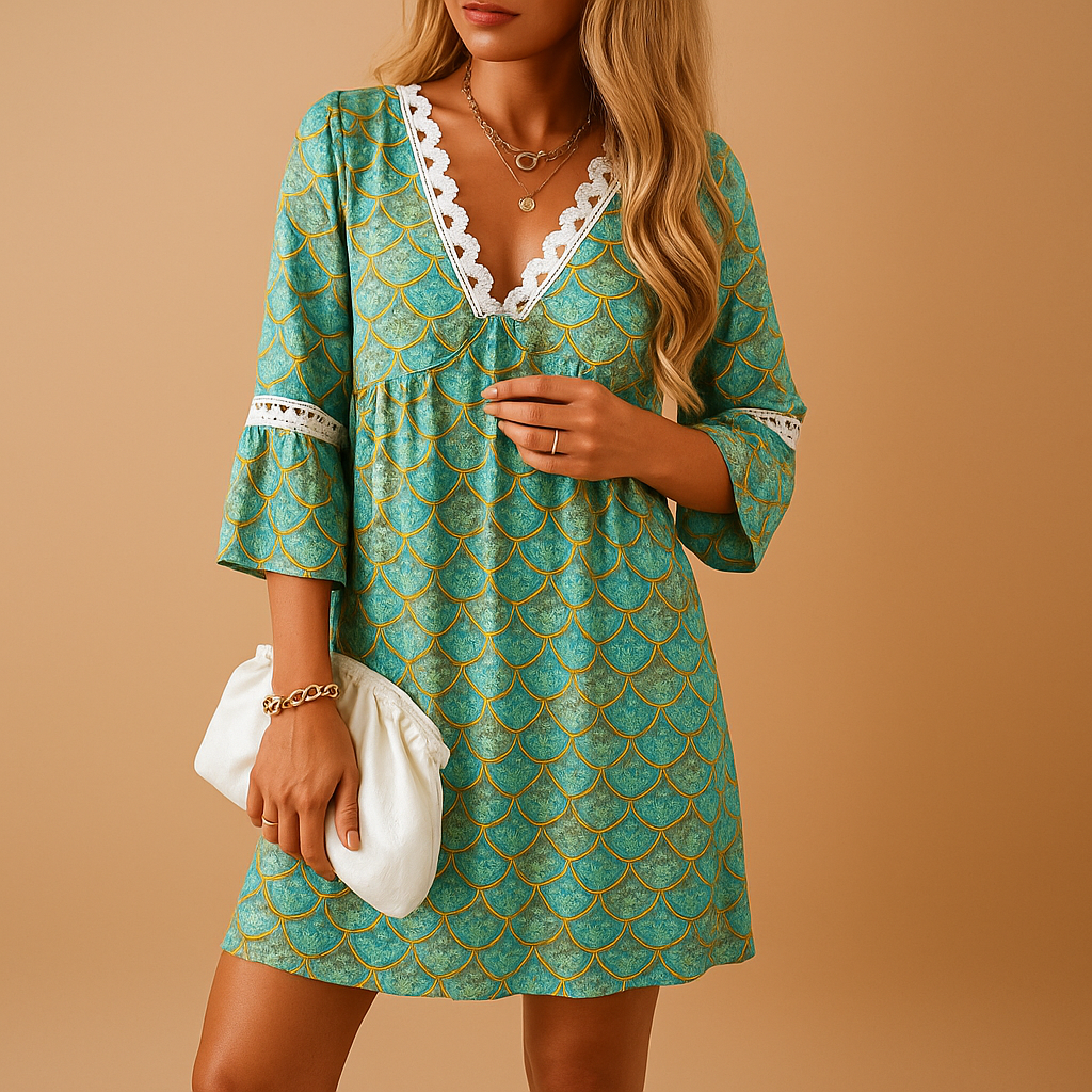 Cheerful knee-length summer dress for women with short sleeves, breathable fabric, and colourful prints—perfect for casual outings and warm-weather events.