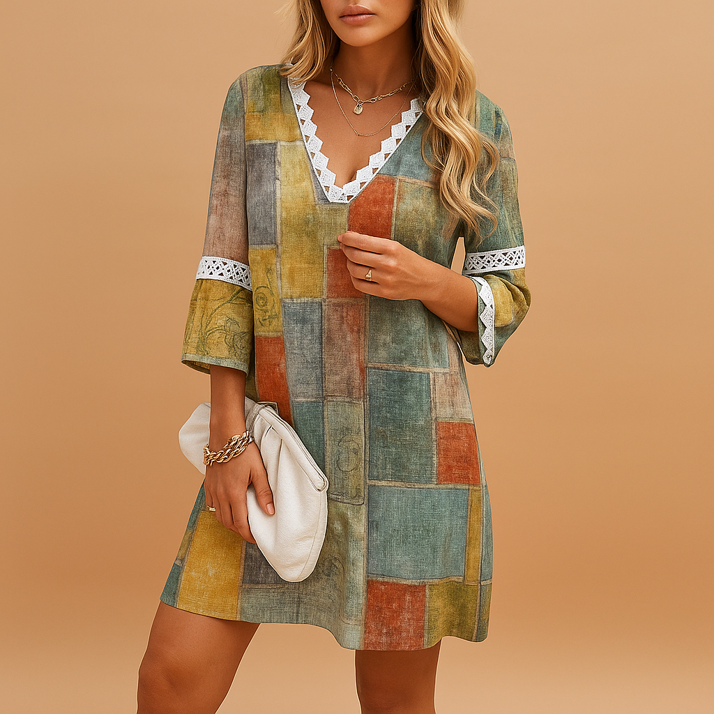 Cheerful knee-length summer dress for women with short sleeves, breathable fabric, and colourful prints—perfect for casual outings and warm-weather events.