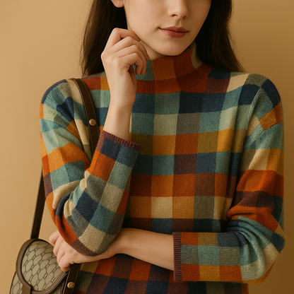Women’s patchwork knit turtleneck sweater with colorful accents and relaxed fit, perfect for cozy winter layering.