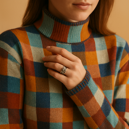 Women’s patchwork knit turtleneck sweater with colorful accents and relaxed fit, perfect for cozy winter layering.