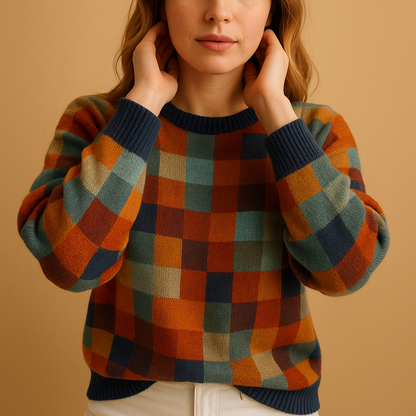 Women’s patchwork knit turtleneck sweater with colorful accents and relaxed fit, perfect for cozy winter layering.