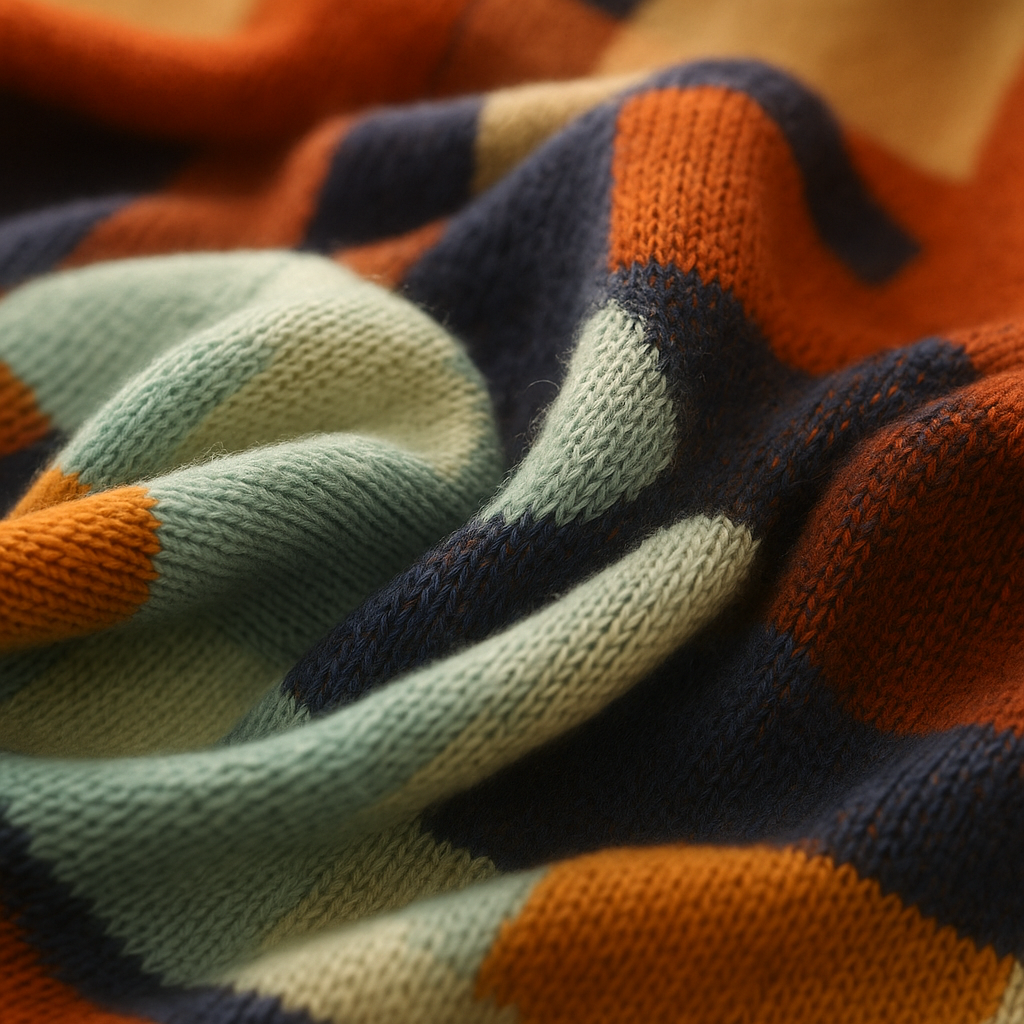 Women’s patchwork knit turtleneck sweater with colorful accents and relaxed fit, perfect for cozy winter layering.