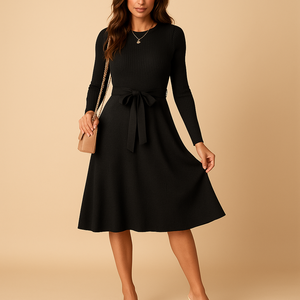 Women’s knitted autumn dress with long sleeves, round neckline, and waist belt in beige, black, grey, red, and green for stylish everyday wear.