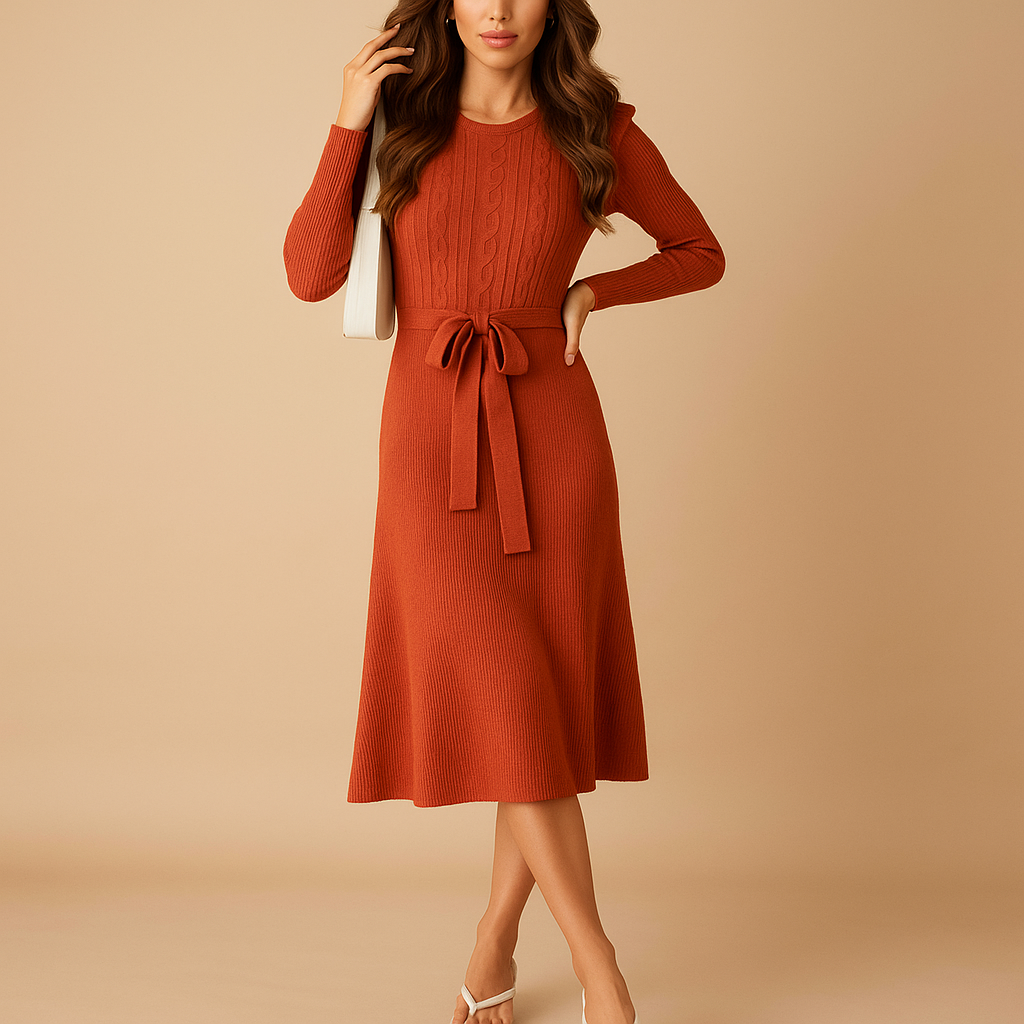Women’s knitted autumn dress with long sleeves, round neckline, and waist belt in beige, black, grey, red, and green for stylish everyday wear.