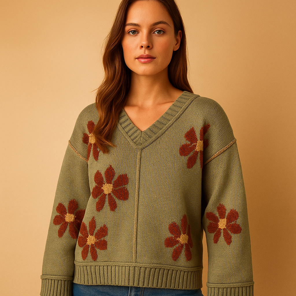 Knitted V-neck sweater for women with floral patterns and wide sleeves, ideal for casual winter outfits and versatile styling