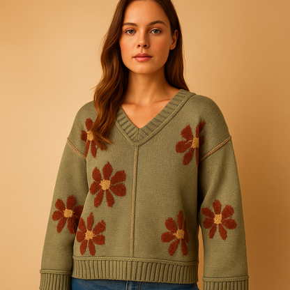 Knitted V-neck sweater for women with floral patterns and wide sleeves, ideal for casual winter outfits and versatile styling