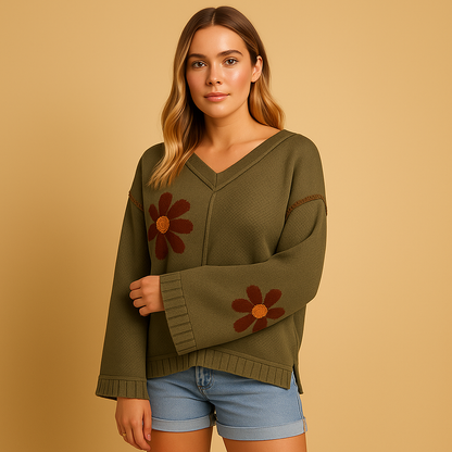 Women's Pretty Floral Crew Neck Sweater - Luxivelle
