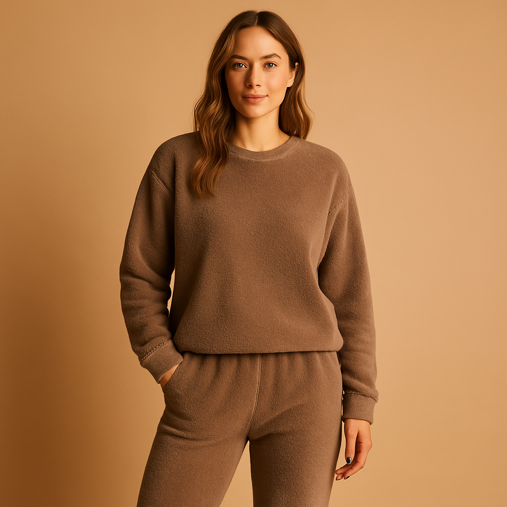Women’s knitted pajama set with soft long-sleeve sweater and pants, ideal for cozy lounging and restful sleep at home.