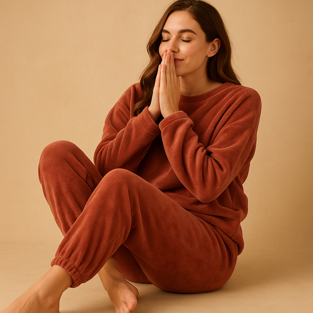 Women’s knitted pajama set with soft long-sleeve sweater and pants, ideal for cozy lounging and restful sleep at home.