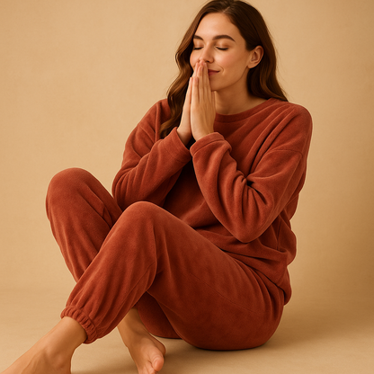 Women’s knitted pajama set with soft long-sleeve sweater and pants, ideal for cozy lounging and restful sleep at home.