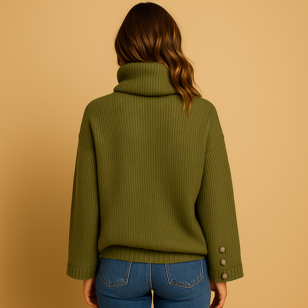 Knitted turtleneck sweater for women with button design and relaxed fit, perfect for casual comfort and chic seasonal looks