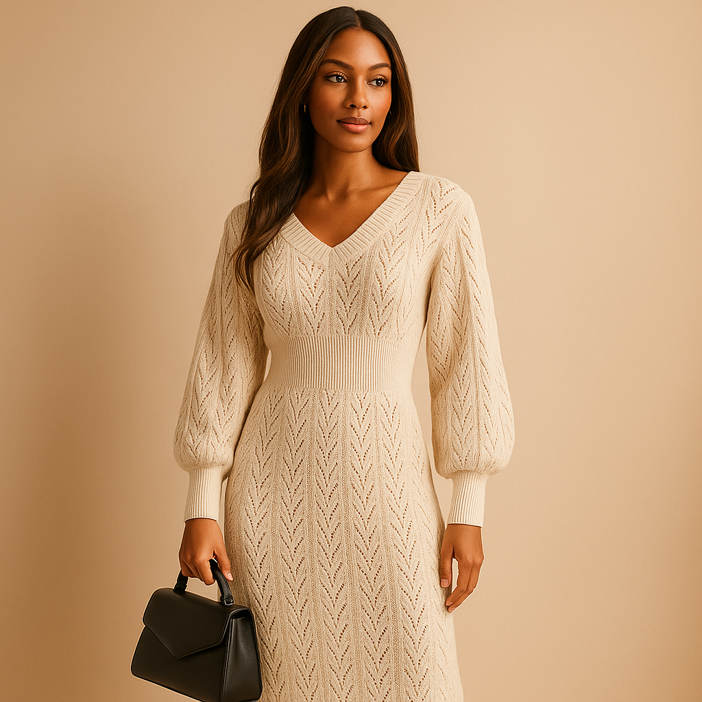 Women's Soft Long Sleeve V-Neck Winter Dress - Luxivelle