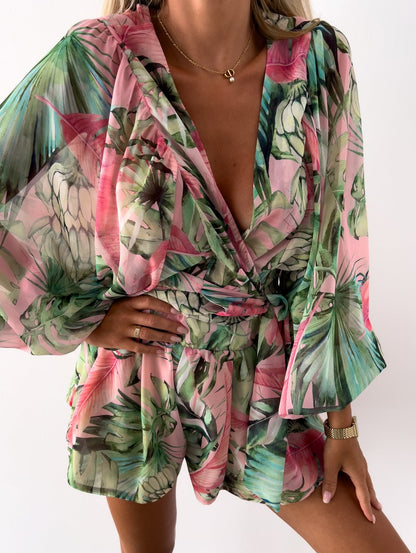 Ladies' Pretty Floral Sleeve Jumpsuit Romper