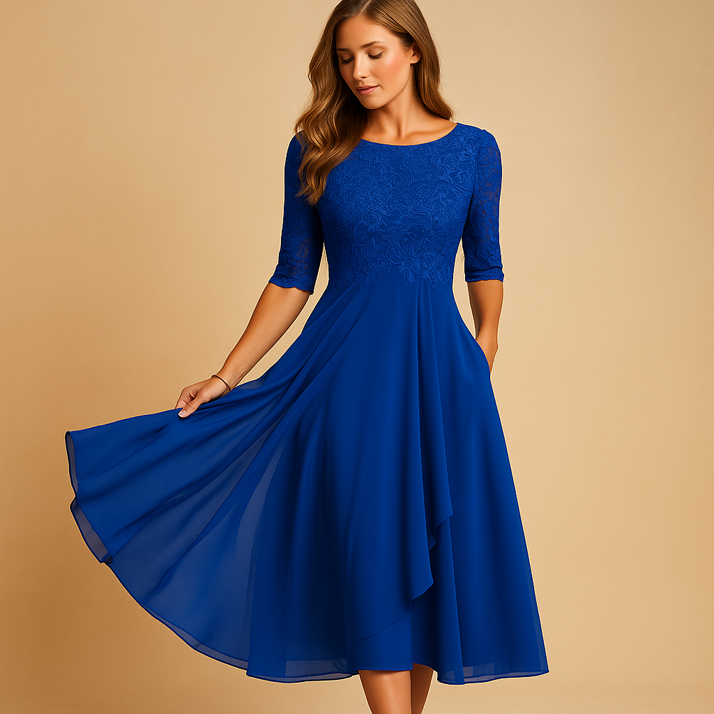 Elegant midi dress for women with lace top and asymmetrical layered skirt, perfect for cocktail parties and formal summer occasions.
