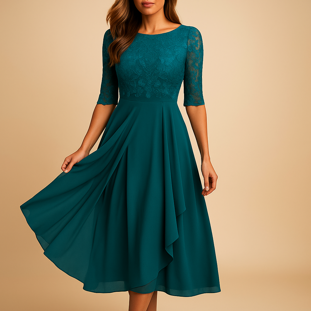 Elegant midi dress for women with lace top and asymmetrical layered skirt, perfect for cocktail parties and formal summer occasions.