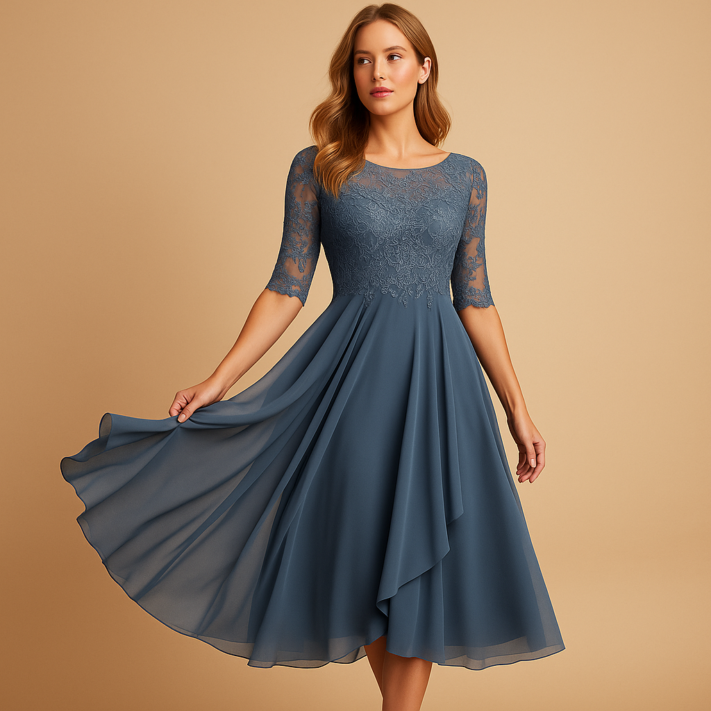 Elegant midi dress for women with lace top and asymmetrical layered skirt, perfect for cocktail parties and formal summer occasions.