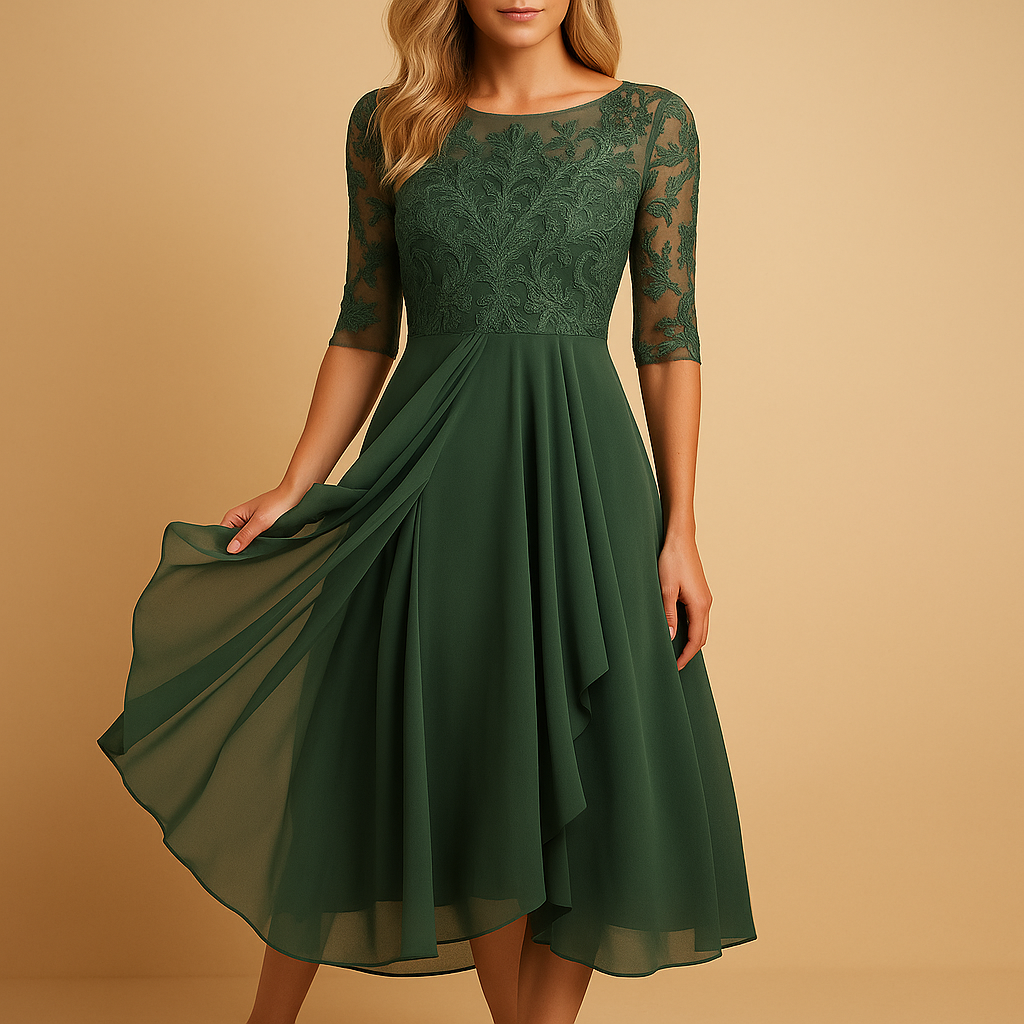 Elegant midi dress for women with lace top and asymmetrical layered skirt, perfect for cocktail parties and formal summer occasions.