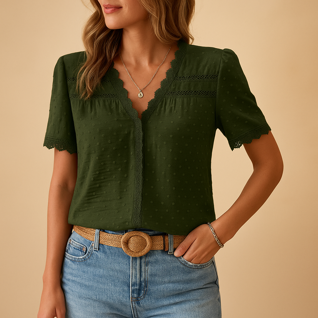 Lace V-neck blouse for women in multiple colours, designed with elegant details and a flattering silhouette for formal or casual wear.