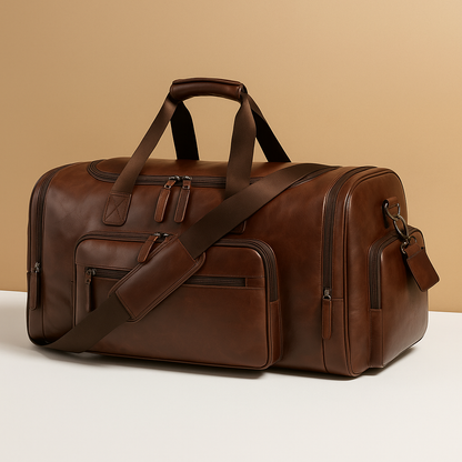Men’s leather duffle bag with compartments, water-resistant finish, padded strap, and sleek design for travel and work.