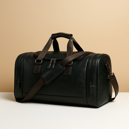 Men’s leather duffle bag with compartments, water-resistant finish, padded strap, and sleek design for travel and work.