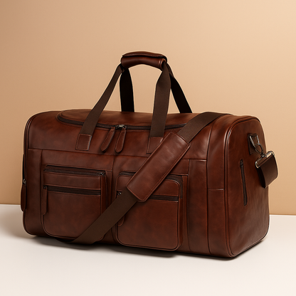 Men’s leather duffle bag with compartments, water-resistant finish, padded strap, and sleek design for travel and work.