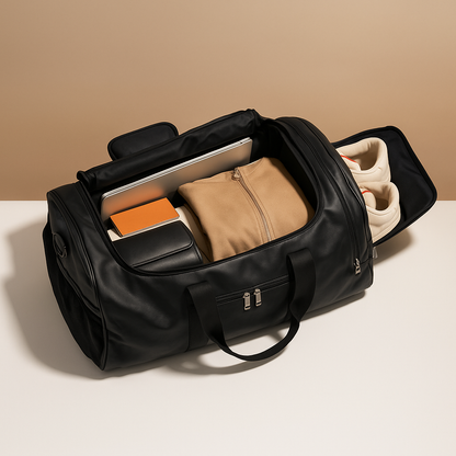 Men’s leather travel duffle bag with separate shoe compartment, multiple zip pockets, and TSA-compliant size for stylish and organised travel.