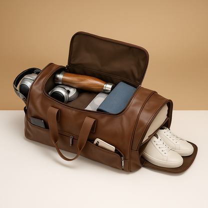 Men’s leather travel duffle bag with separate shoe compartment, multiple zip pockets, and TSA-compliant size for stylish and organised travel.
