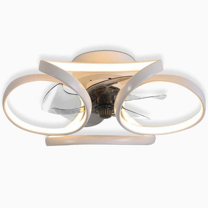 "LED flush mount ceiling fan light with curved blades, modern design enhances living rooms or bedrooms, stylish center fixtur