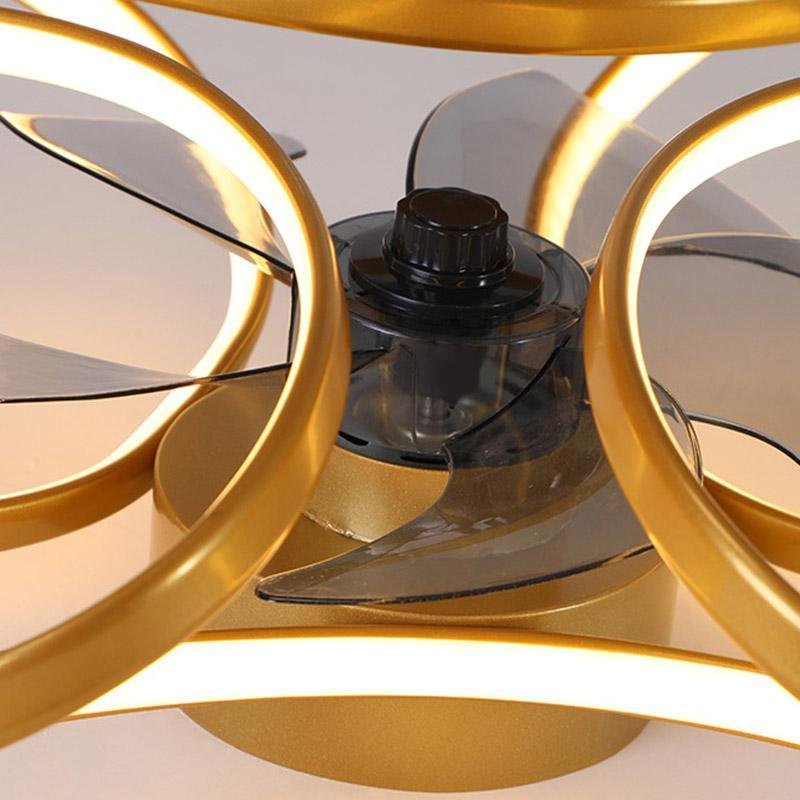 "LED flush mount ceiling fan light with curved blades, modern design enhances living rooms or bedrooms, stylish center fixtur