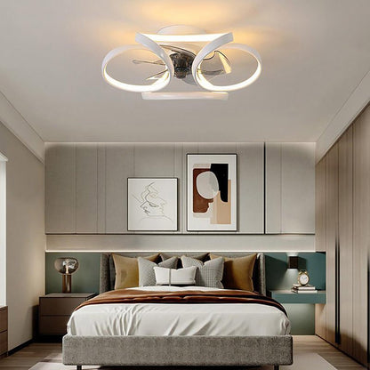 "LED flush mount ceiling fan light with curved blades, modern design enhances living rooms or bedrooms, stylish center fixtur