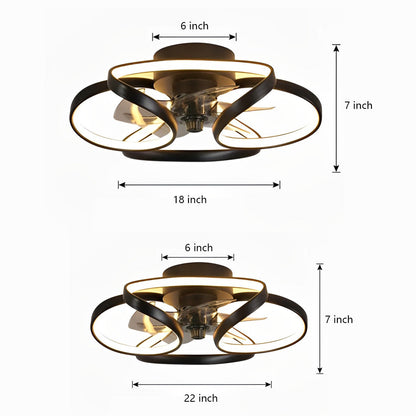 "LED flush mount ceiling fan light with curved blades, modern design enhances living rooms or bedrooms, stylish center fixtur