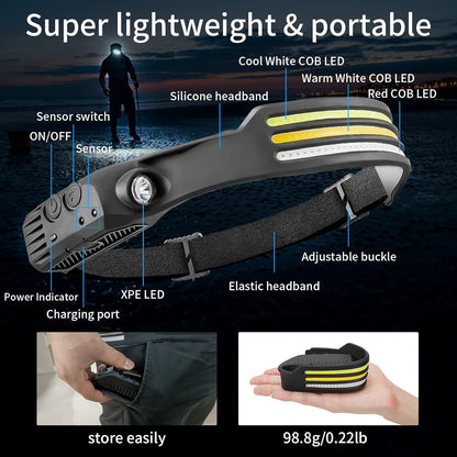 "LED headlamp with 230º beam, triple light modes, adjustable strap, ideal for camping and night running, emits up to 1500 lum