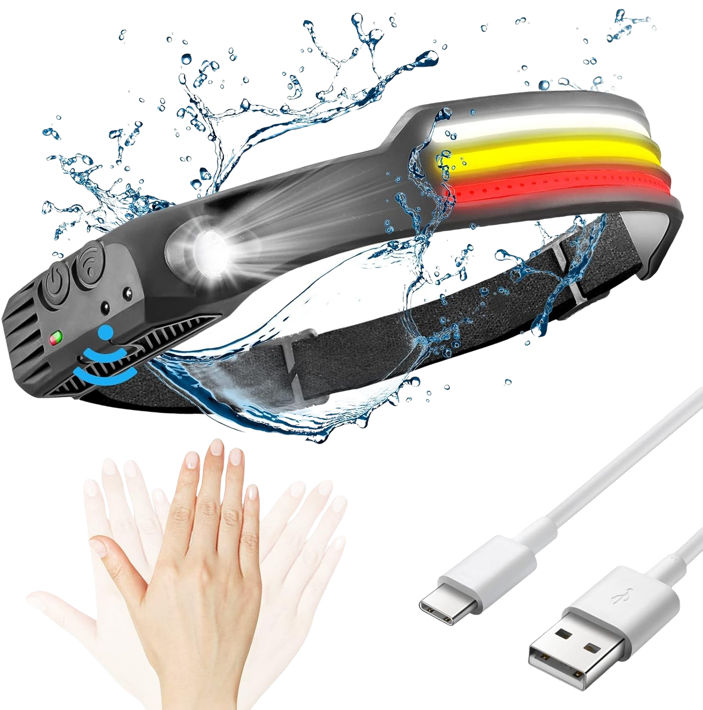 "LED headlamp with 230º beam, triple light modes, adjustable strap, ideal for camping and night running, emits up to 1500 lum