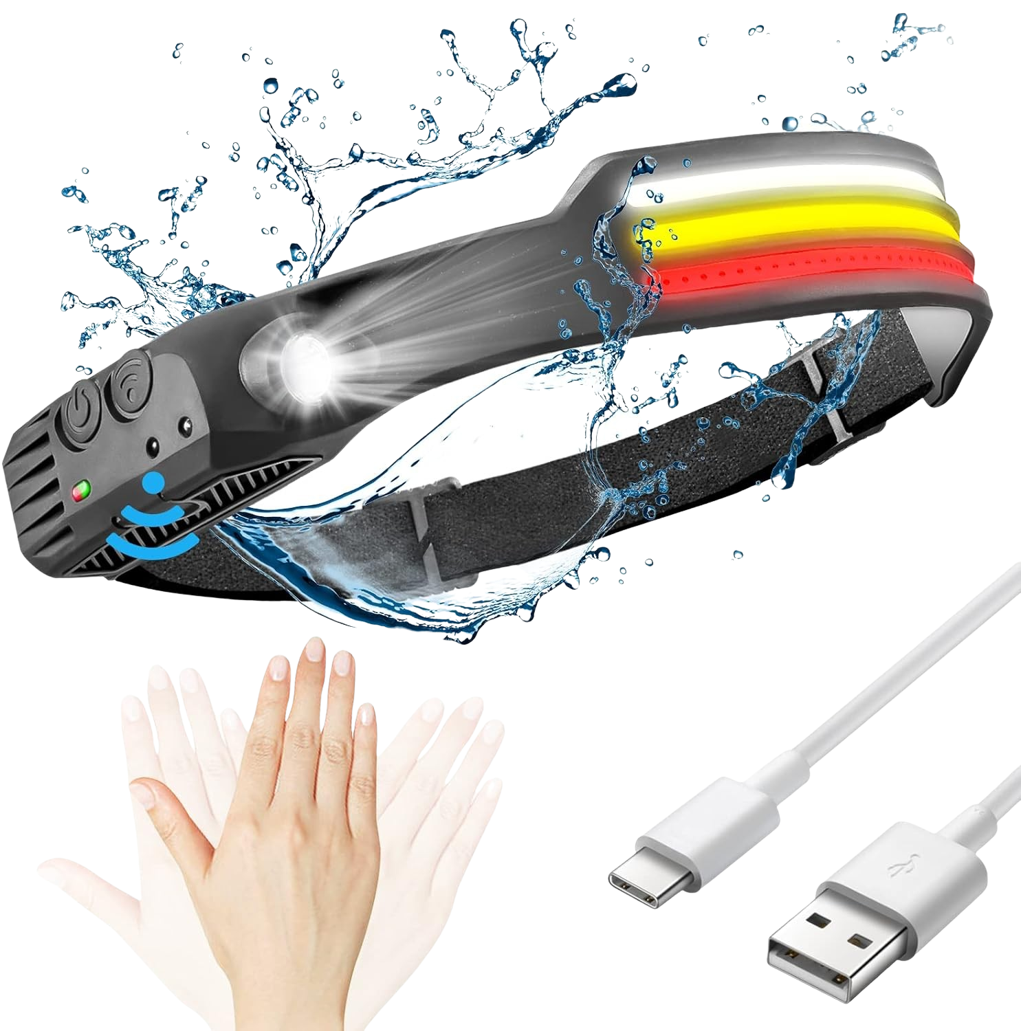 "LED headlamp with 230º beam, triple light modes, adjustable strap, ideal for camping and night running, emits up to 1500 lum