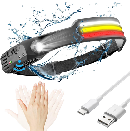 "LED headlamp with 230º beam, triple light modes, adjustable strap, ideal for camping and night running, emits up to 1500 lum