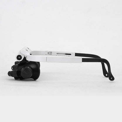 "LED-lit magnifier glasses with adjustable headband and up to 23x magnification for precision tasks and comfort."