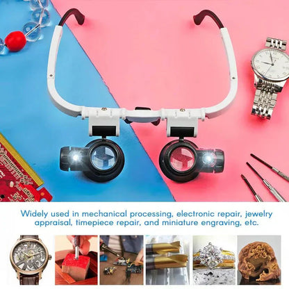 "LED magnifying glasses with adjustable 8x, 15x, 23x lenses and illuminated feature for precision work and detail viewing."