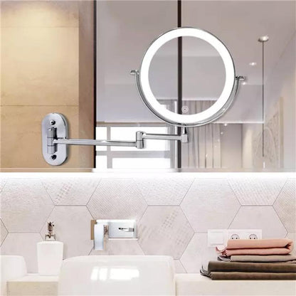 LED makeup mirror with chrome finish, adjustable lighting, magnification options, and portable design for precise beauty.