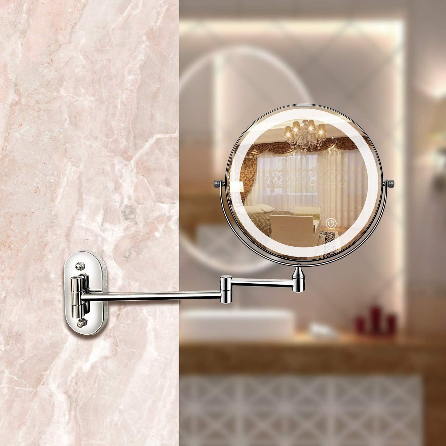 LED makeup mirror with chrome finish, adjustable lighting, magnification options, and portable design for precise beauty.