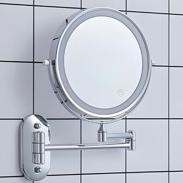 LED makeup mirror with chrome finish, adjustable lighting, magnification options, and portable design for precise beauty.