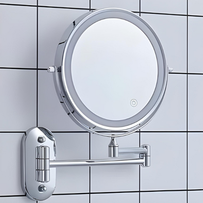 LED makeup mirror with chrome finish, adjustable lighting, magnification options, and portable design for precise beauty.