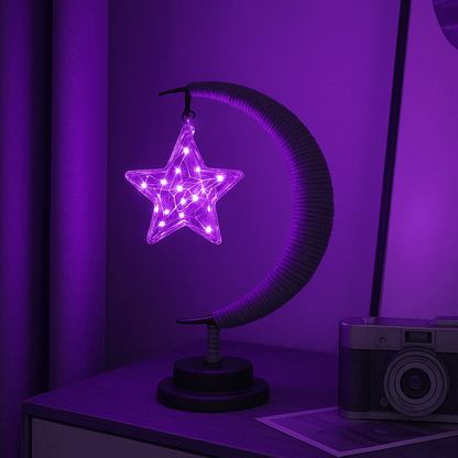 "LED Moon Star Night Light with hemp rope, moon-shaped, emits warm glow, ideal decor for cozy rooms, rustic charm."