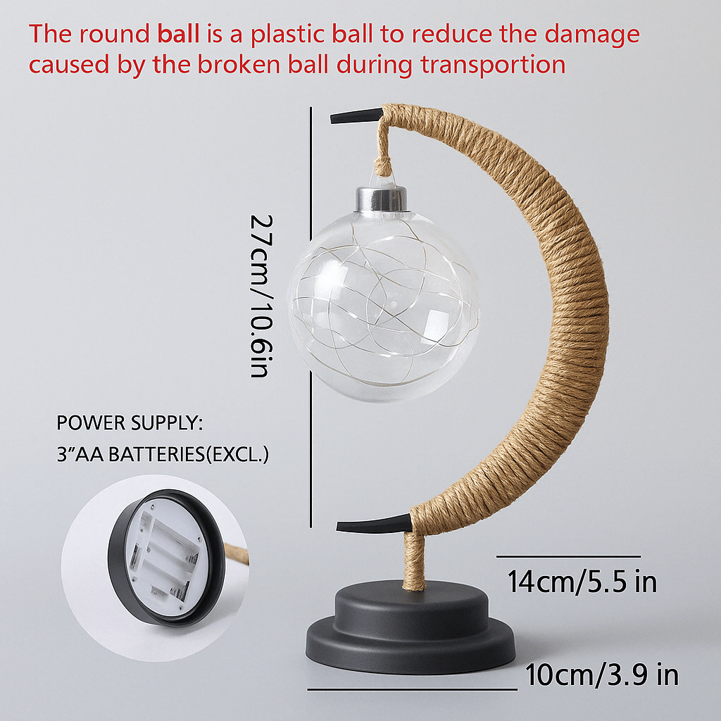 "LED Moon Star Night Light with hemp rope, moon-shaped, emits warm glow, ideal decor for cozy rooms, rustic charm."