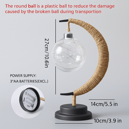"LED Moon Star Night Light with hemp rope, moon-shaped, emits warm glow, ideal decor for cozy rooms, rustic charm."