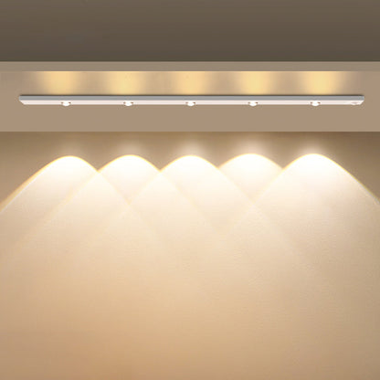 "LED motion sensor under cabinet light with cat-eye bulb, adjustable luminance, and magnetic installation in kitchen setting.