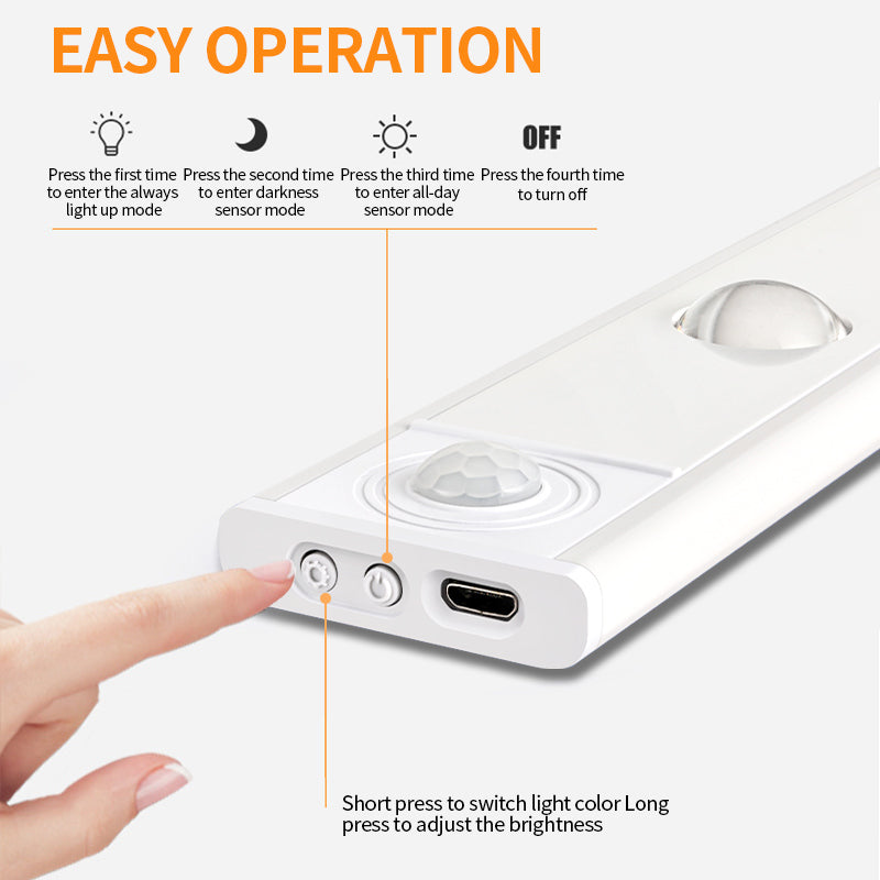 "LED motion sensor under cabinet light with cat-eye bulb, adjustable luminance, and magnetic installation in kitchen setting.