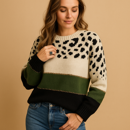 Women’s cotton sweater with a trendy leopard print, perfect for casual everyday wear in spring, fall, or winter.