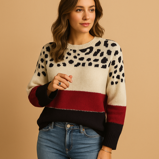 Women's Leopard Pattern Crew Neck Sweater - Luxivelle